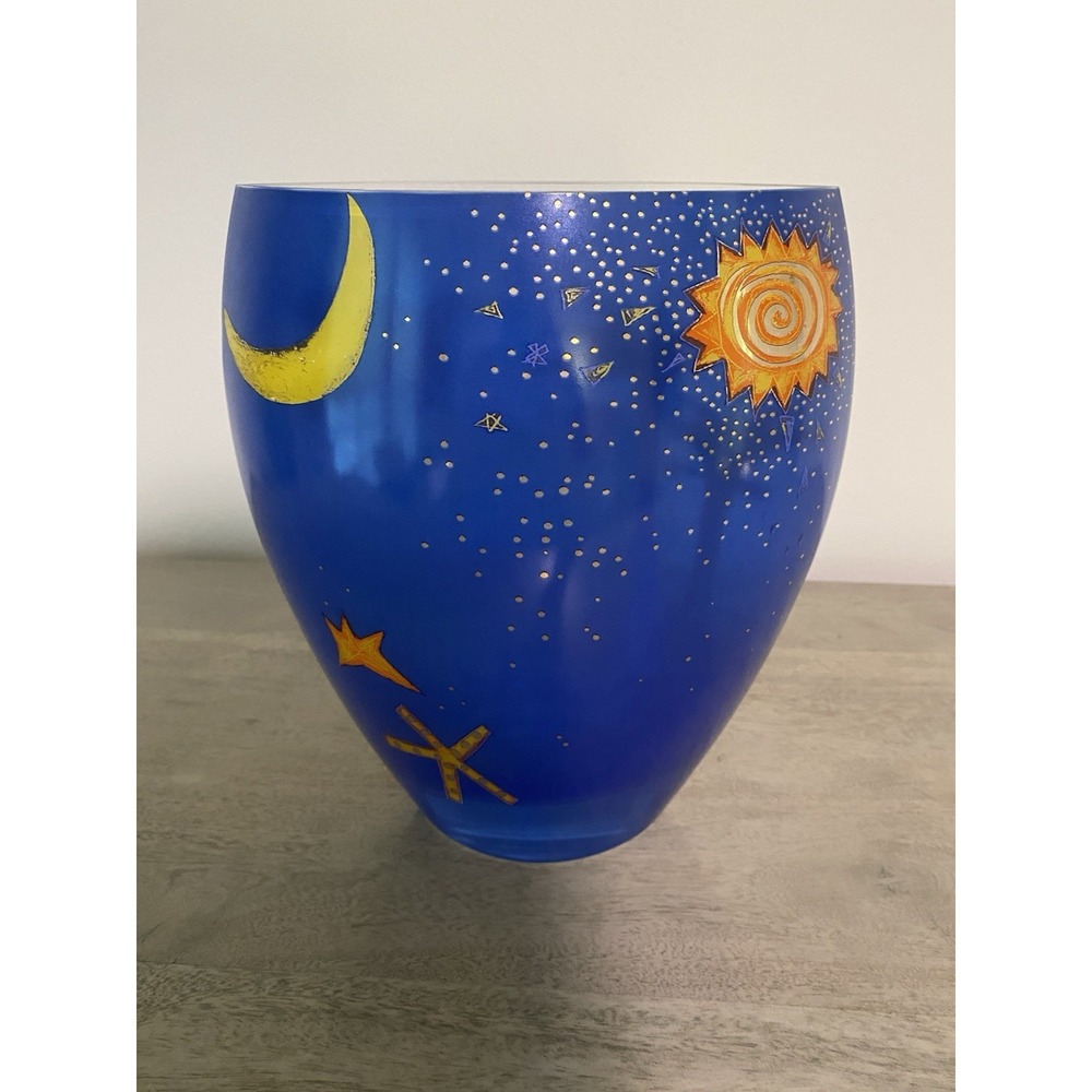 Celestial Whimsigoth Blue Art Glass Vase Signed Mára Moon Sun Dove Star Decor - Picture 3 of 7